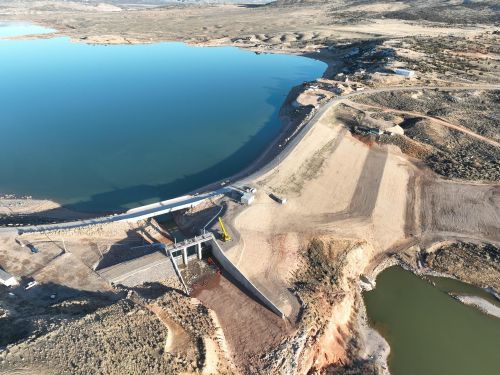 Aerial view of nearly complete Sevier Bridge Dam Rehabilitation Project