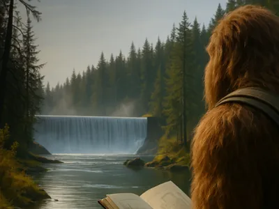 Bigfoot looking at a low-head dam